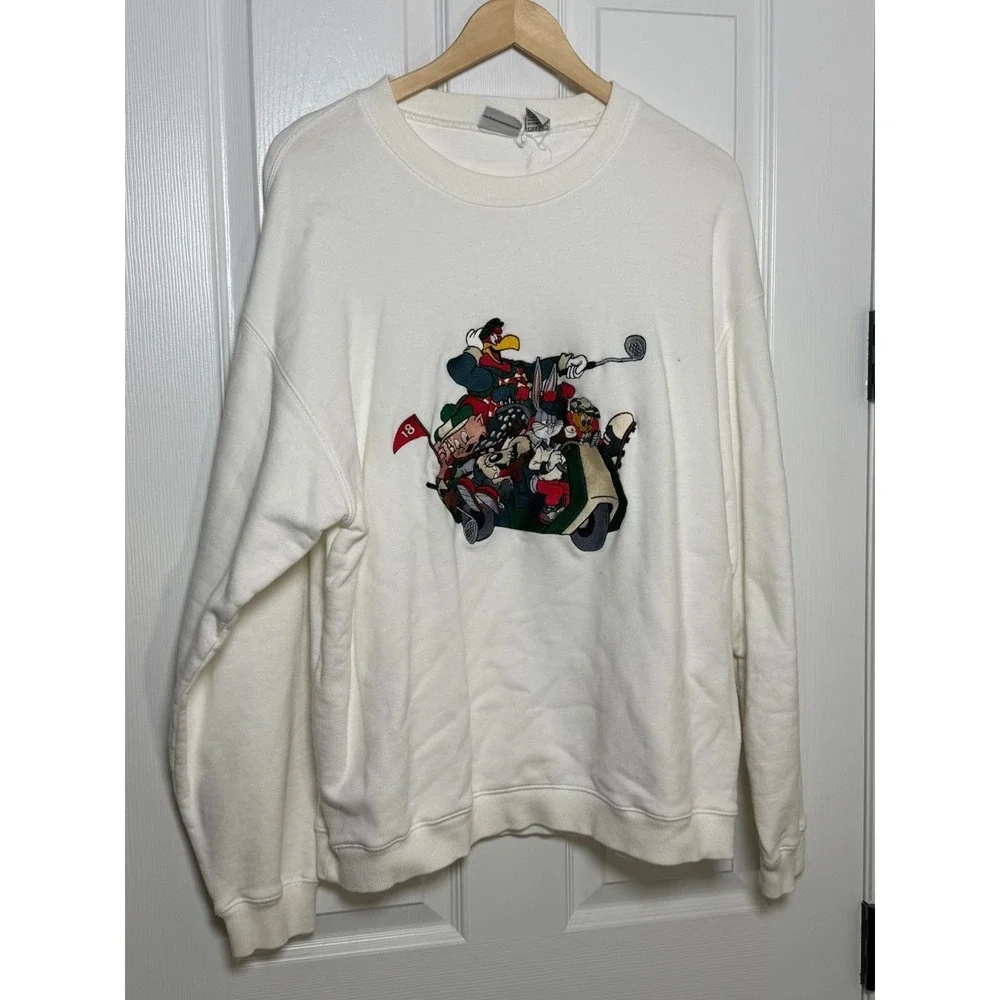 Vtg 90s Looney Tunes Warner Bros Sweatshirt Mens L Golf Sweater Bugs Bunny Taz